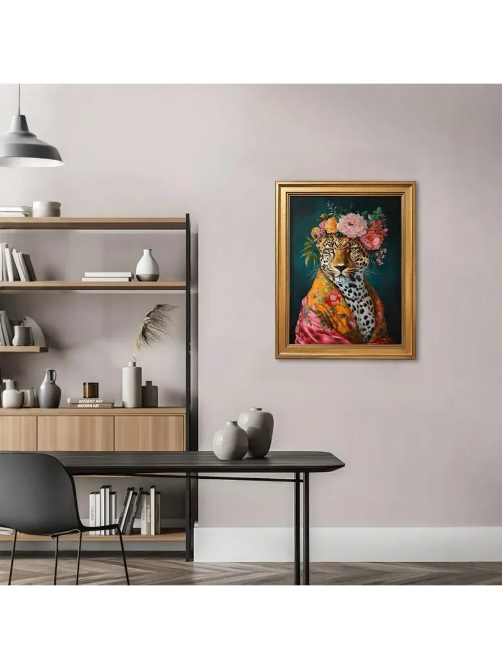 Colorful Floral Leopard Wall Art Canvas Print - Vintage Jungle Decor 12x16